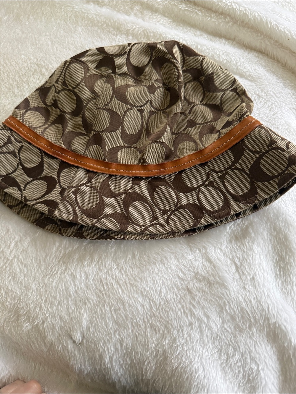 Coach Brown Signature Canvas Bucket Hat with Tan Leather Trim